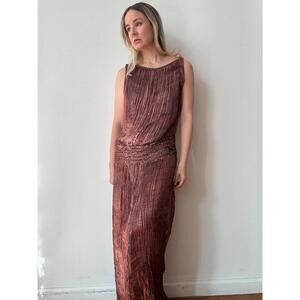 Vintage 1980s Patricia Lester Plisse Pleated Bronze Beaded Dress
